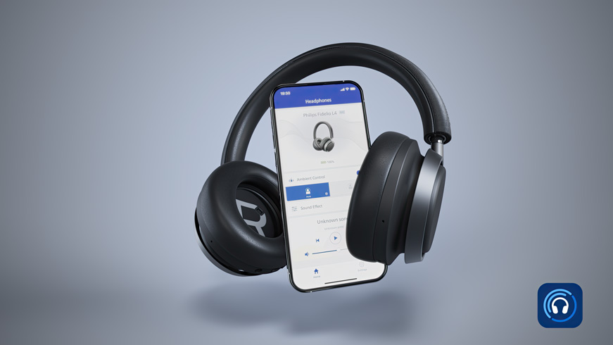 Sluch&aacute;tka L4 Fidelio připojen&aacute; k&nbsp;aplikaci Philips Headphones
